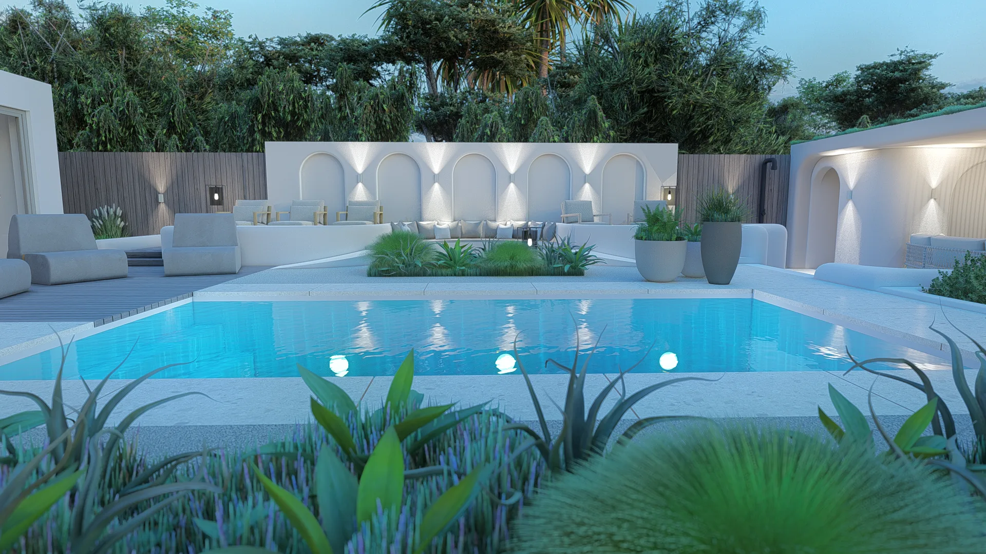 Exclusieve villatuin met loungeterras en sfeerverlichting in Bloemendaal